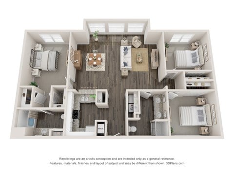 Floor plan for 3 beds, 2 baths